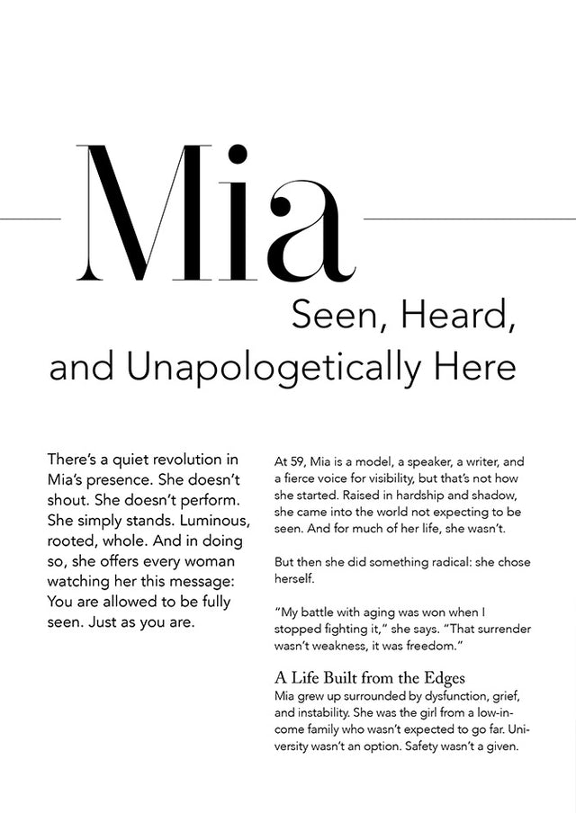 Editorial spread featuring Mia in The Guide – stories and reflections empowering women 40+ worldwide