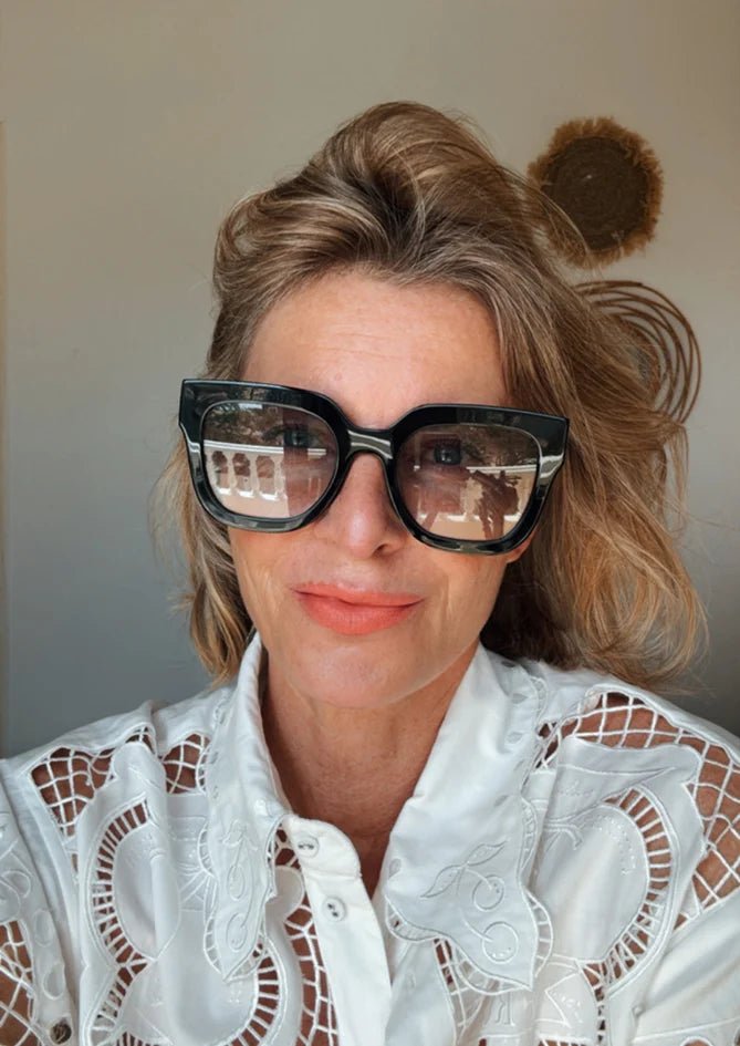 Gaia sunglasses – AndBloom eyewear styled with modern patterned blouse