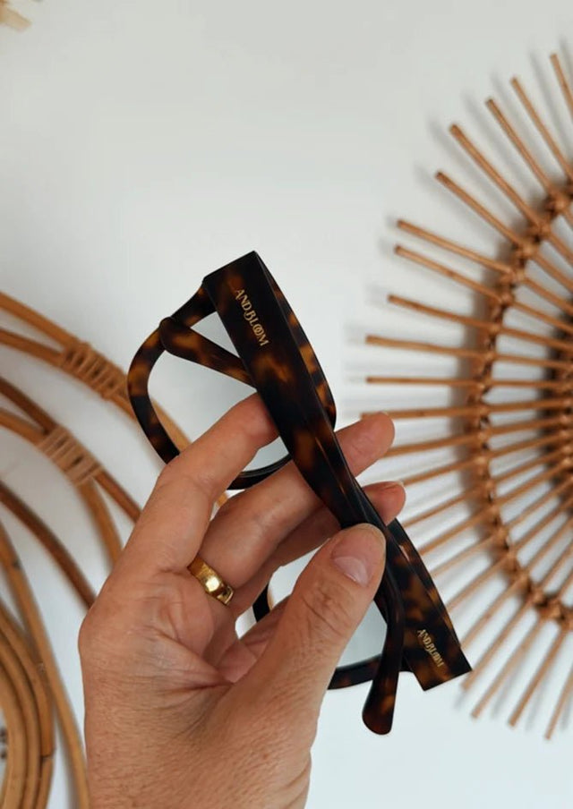 Close-up detail of Myrto sunglasses – AndBloom timeless eyewear