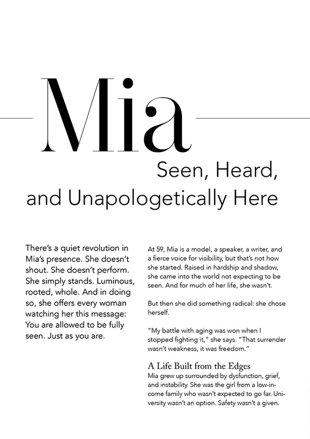 Editorial spread featuring Mia in The Guide – stories and reflections empowering women 40+ worldwide