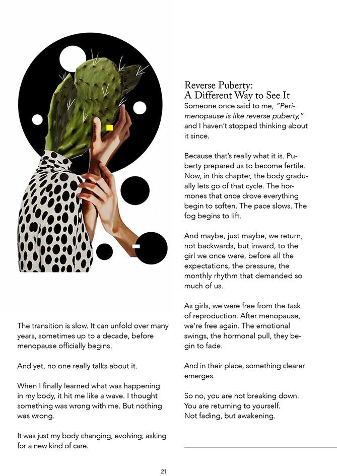 Illustrated page in The Guide – bold artwork celebrating self-expression, empowerment, and reflection for women 40+