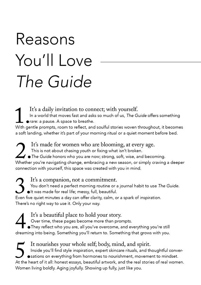 Page from The Guide listing reasons to love this 365-page self-reflection and journaling book for women 40